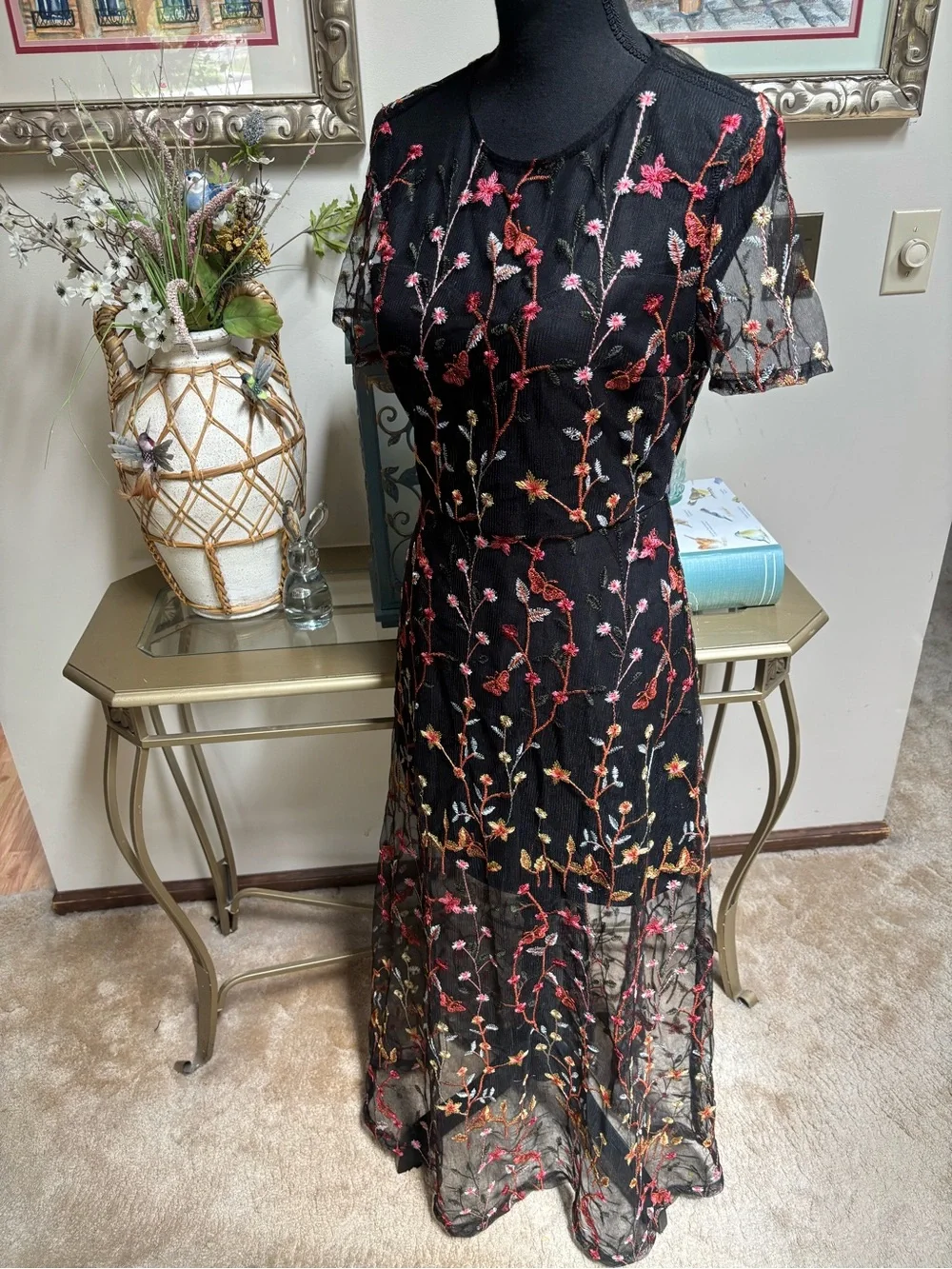 Floral Embroidered Black Maxi Dress with Sheer Overlay - Picture 7 of 15